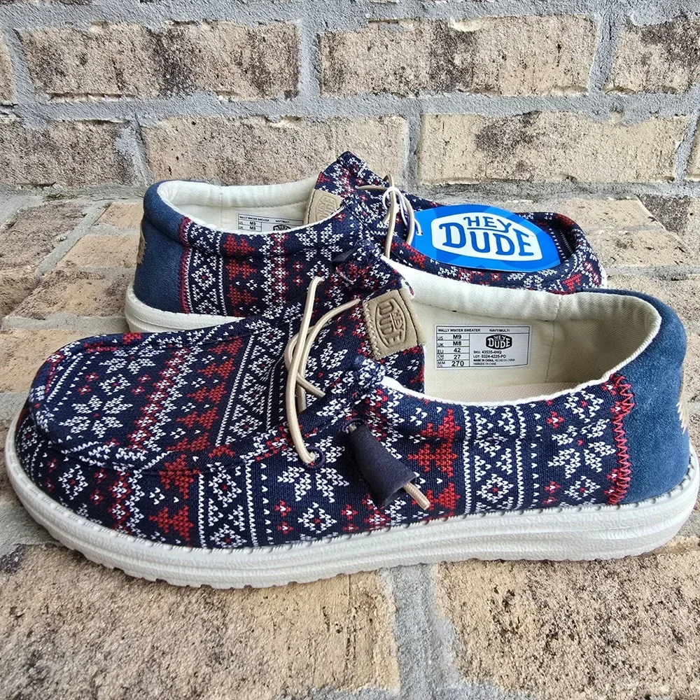 Hey Dude Wally Winter Sweater Mens Navy Multi Fair Isle Loafers 43535-4NQ Size 9